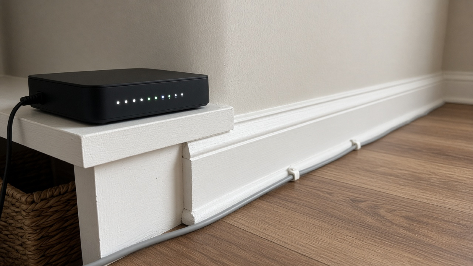Daylight photo of a modem on a shelf and a cable along a wall